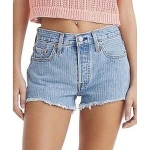 Levi's Women's 501 Shorts Stripes Blue Jean Denim 30‎ US 10 Button Fly Raw Hem